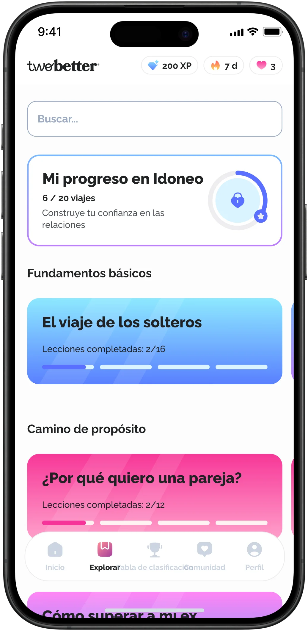 Pantalla de selección de recorridos con lecciones