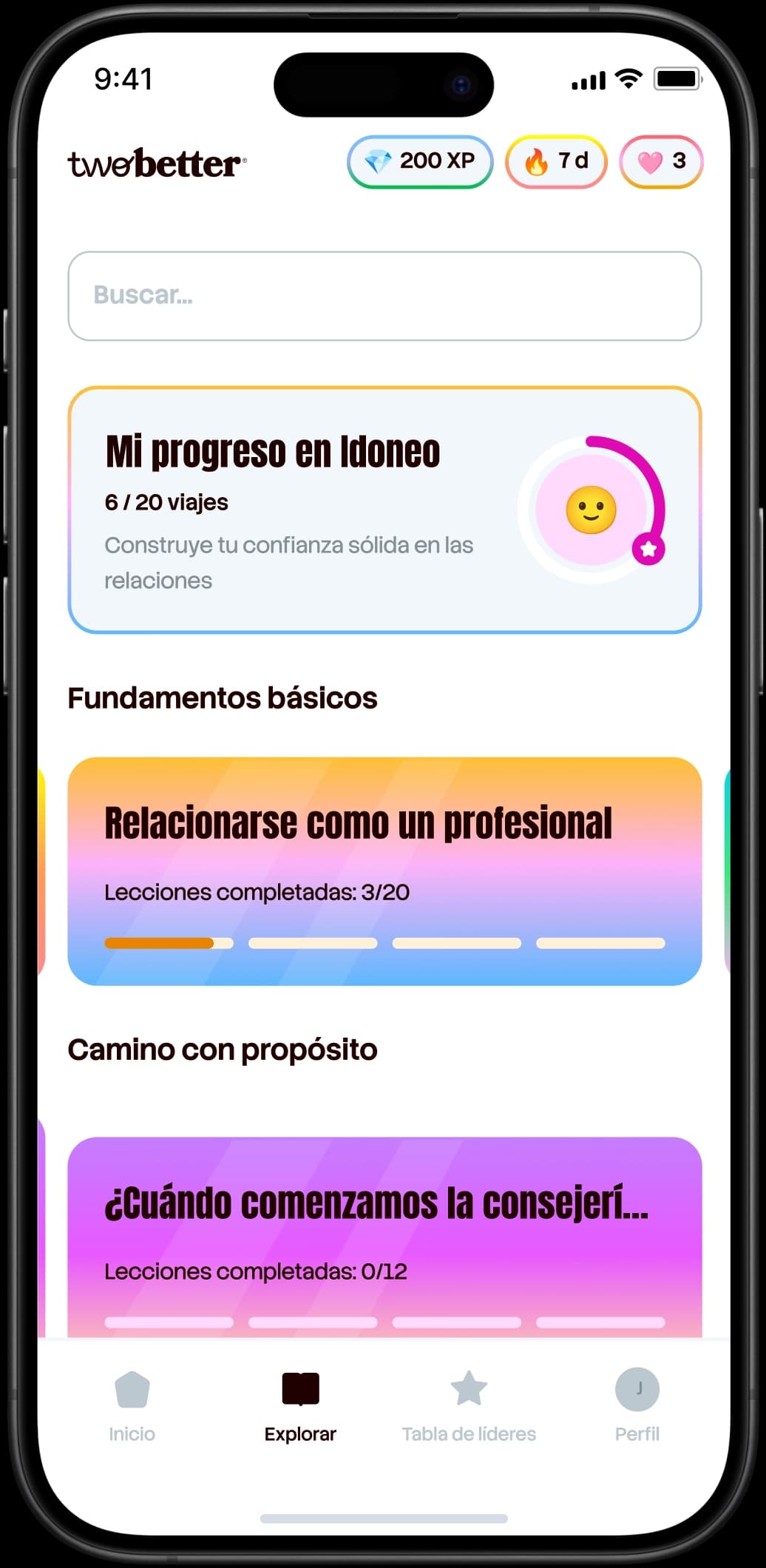 Pantalla de selección de recorridos con lecciones