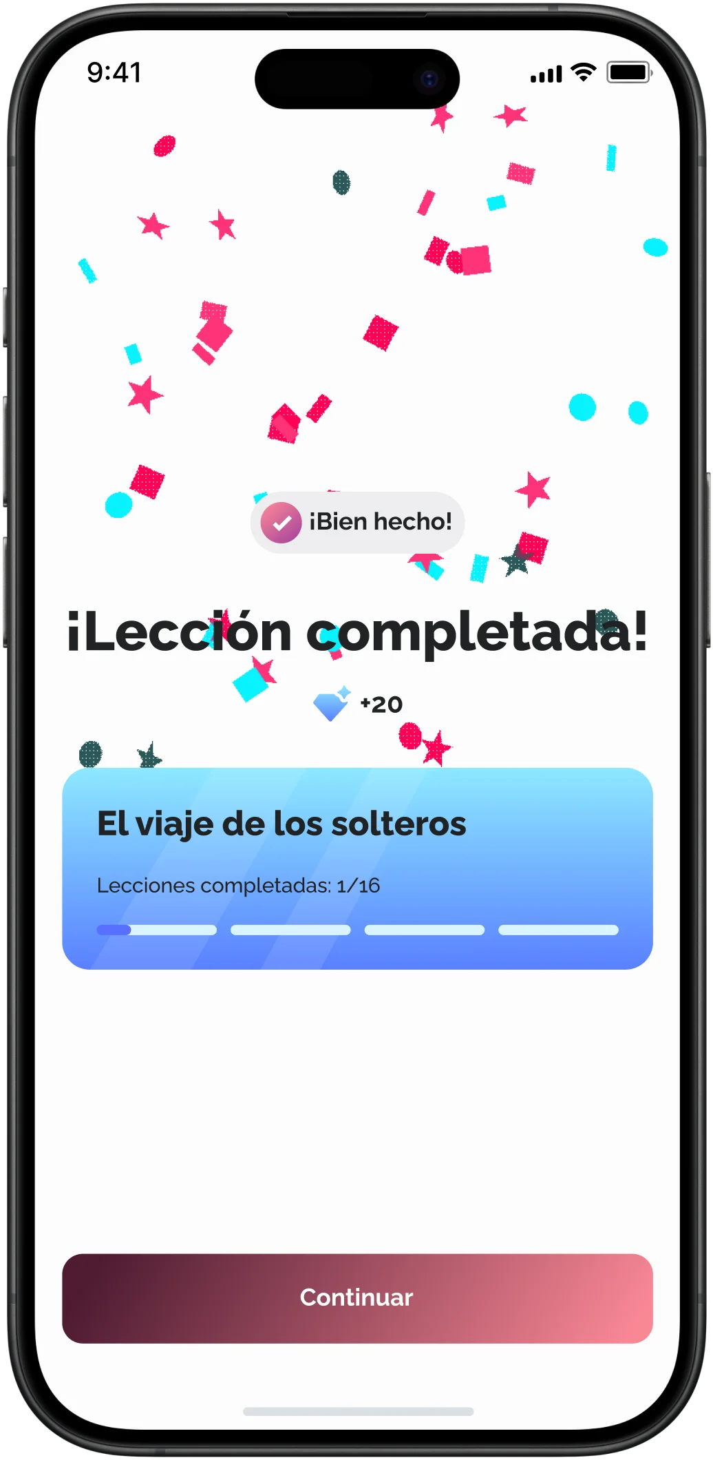 Pantalla de lección completada con éxito