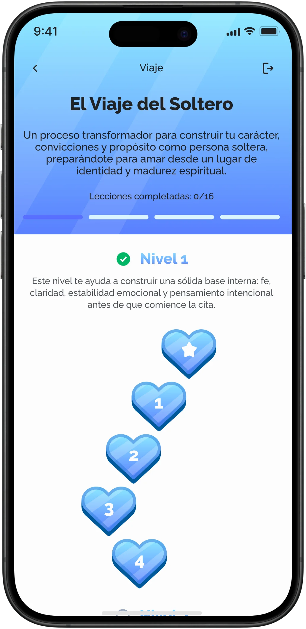 Pantalla de recorrido con lista de lecciones