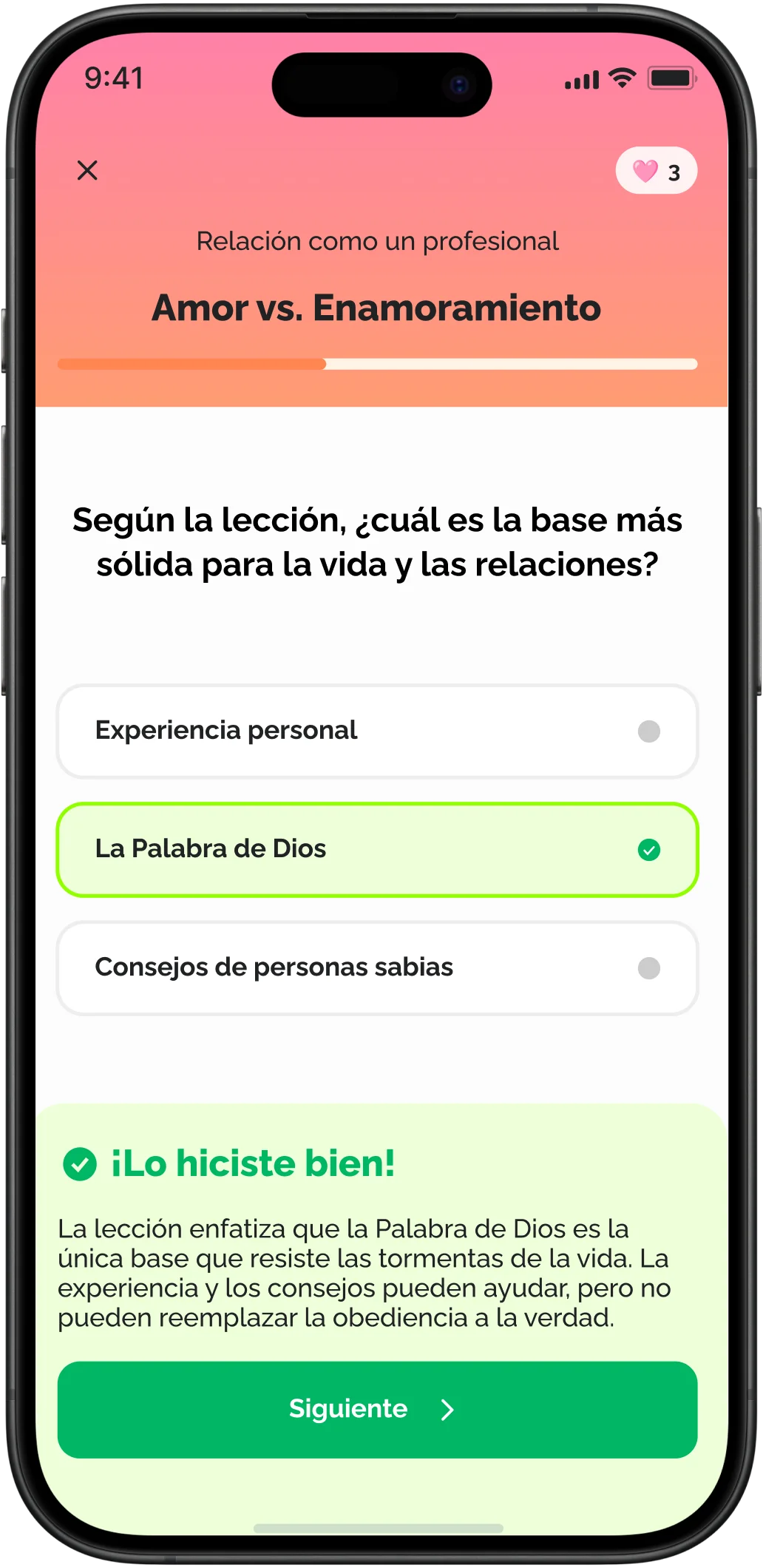 Pantalla de finalización del test después de la lección