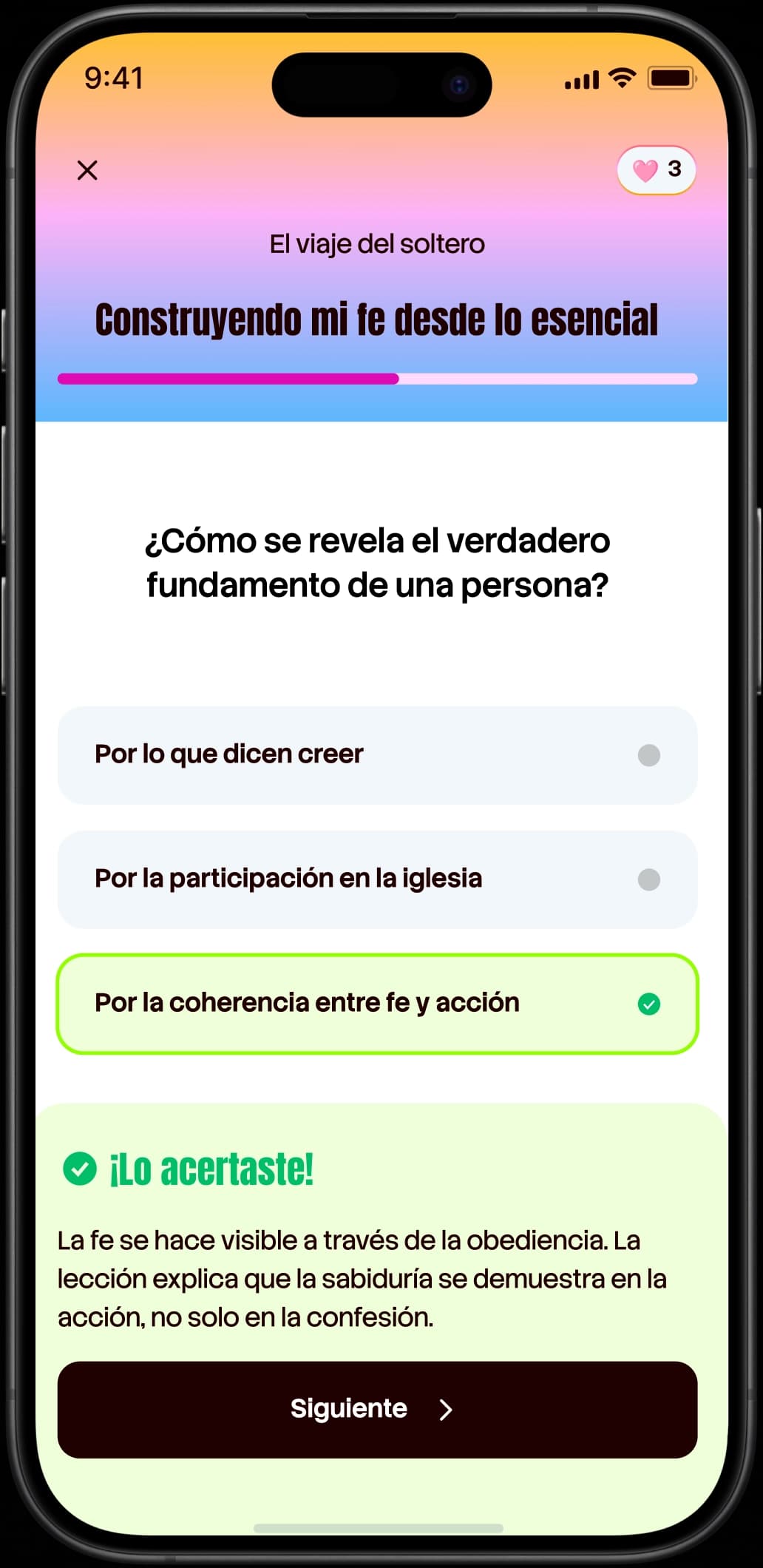 Pantalla de finalización del test después de la lección