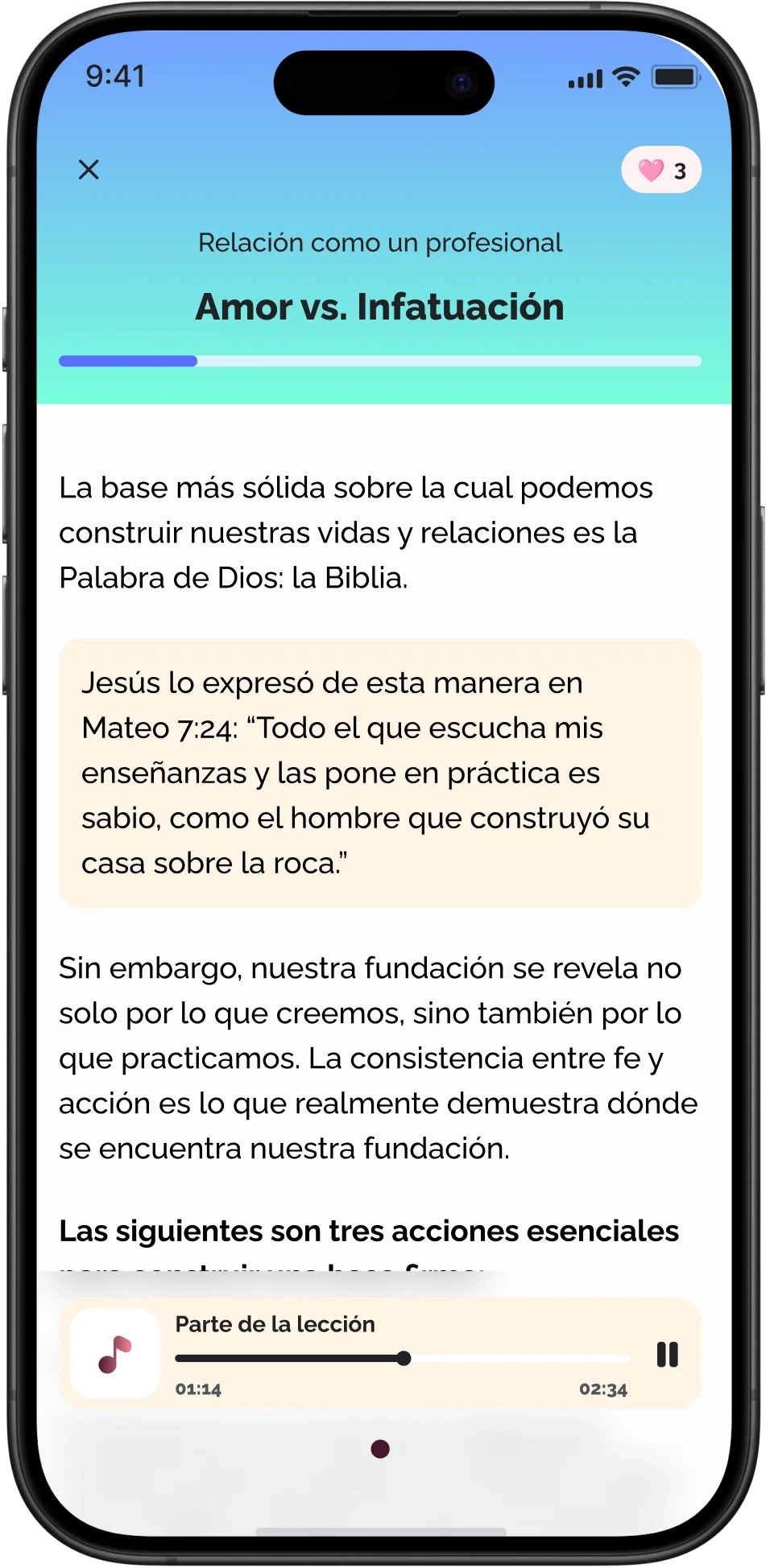 Pantalla de contenido de la lección con material educativo