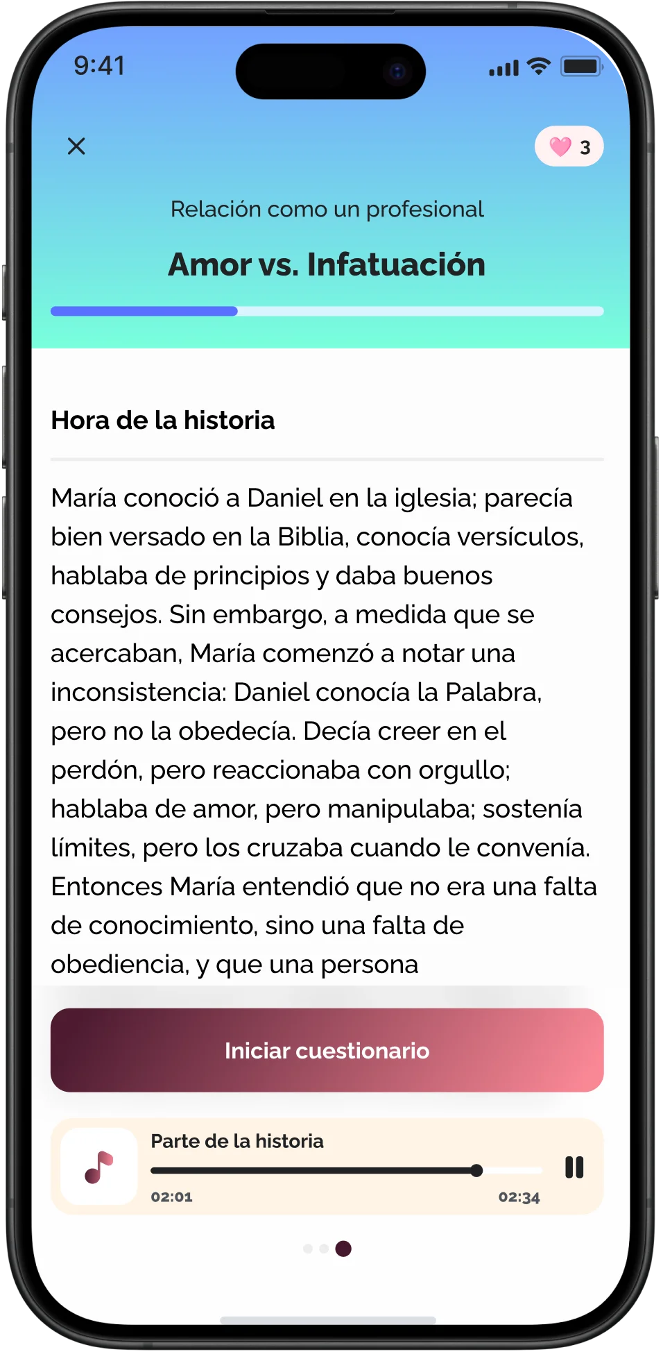 Pantalla de historia de la lección