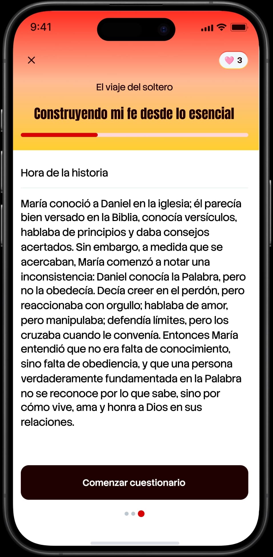 Pantalla de historia de la lección