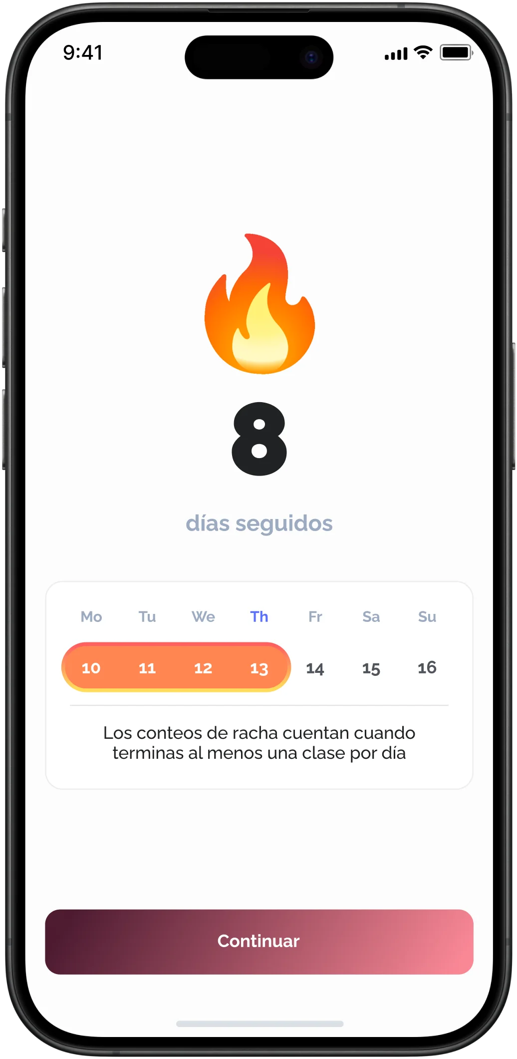 Pantalla de racha diaria al completar una lección por día