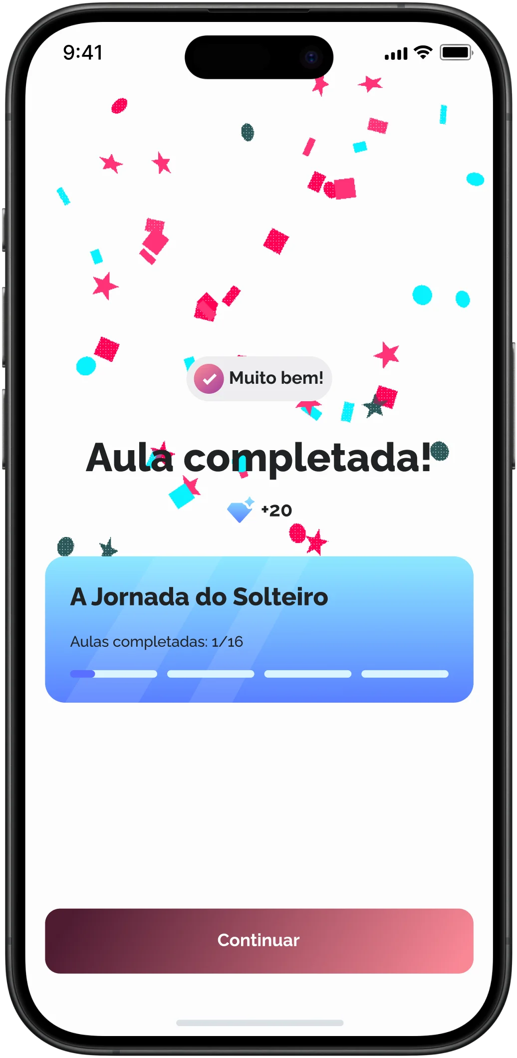 Tela de lição concluída com sucesso