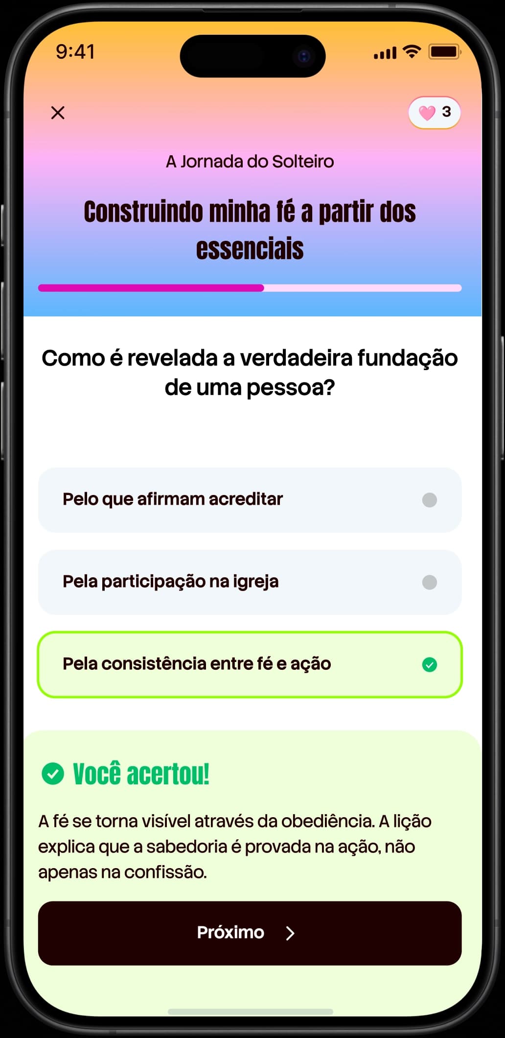 Tela de conclusão do teste após a lição