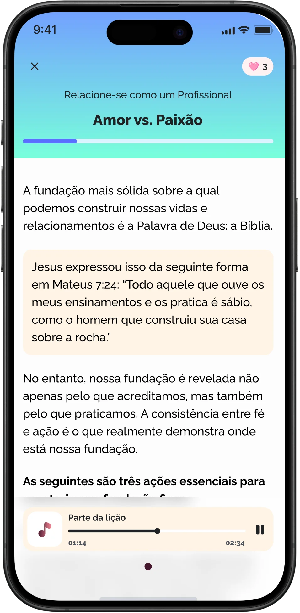 Tela de conteúdo da lição com material educativo